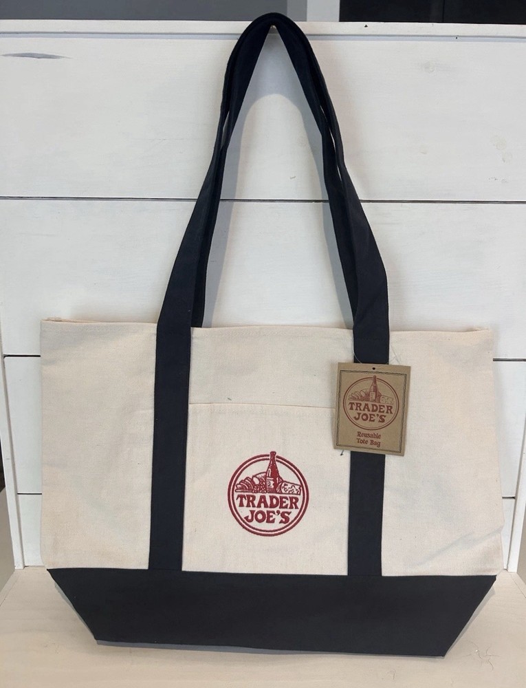 Classic Trader Joe’s Beige navy Reusable regular Tote Bag Foldable Cotton HTF