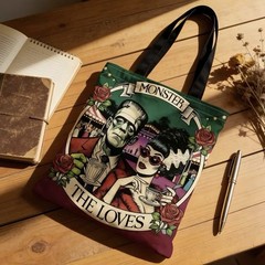 1pc Double-Sided 2D Flat Printing Shopping Tote Bag, Vintage Monster Love