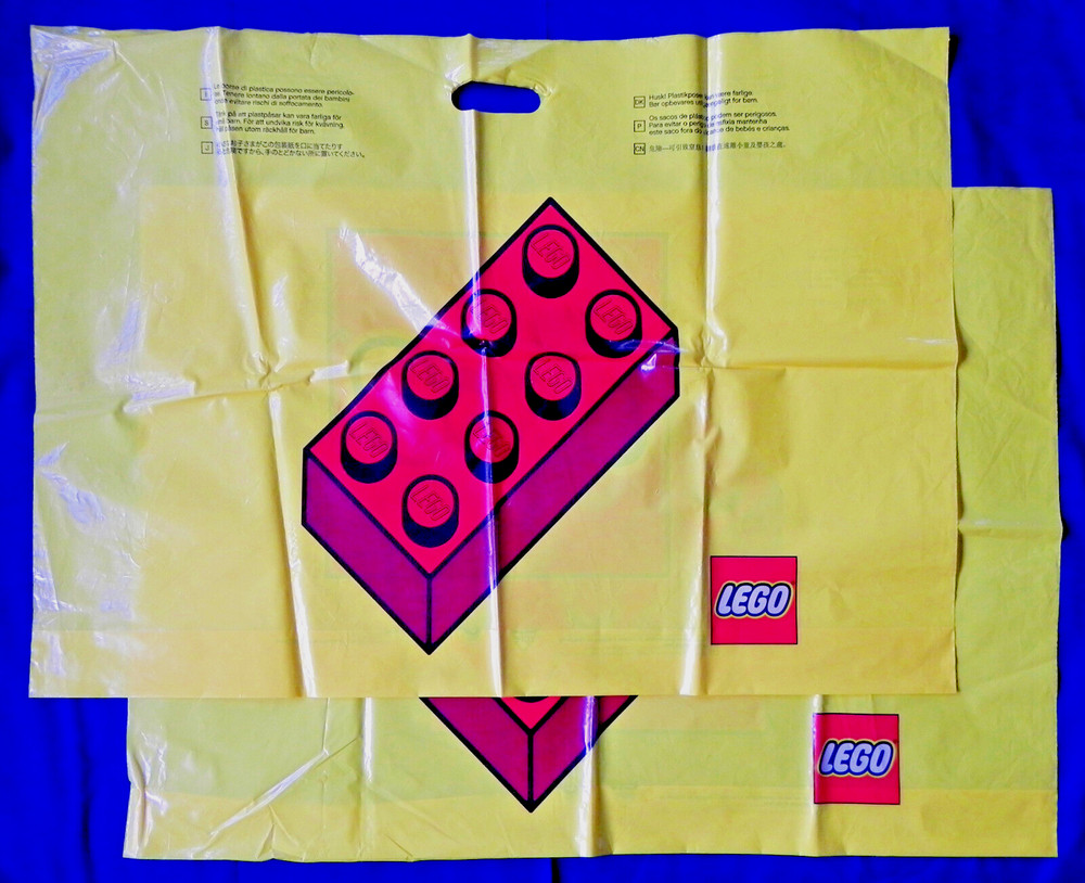 2 Large Lego Retail Store Bags, 33″x24″ Bright Yellow Vinyl, Logo + Brick Art