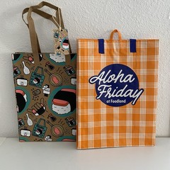 Hawaii Foodland Reusable Gift Shopping Bag Tote Set Orange Palaka & Spam Musubi