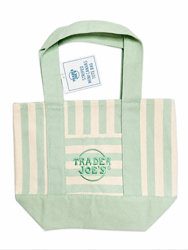 TRADER JOE’S STRIPED MINI CANVAS TOTE BAG SEAFOAM GREEN 2026 LIMITED EDITION-NWT