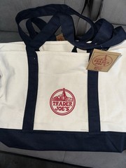 Trader Joe’s Canvas Reusable Shopping Bag Foldable Beige Navy Blue