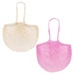 2-Pack Reusable Washable Mesh Net String Grocery Bags [Cream, Pink,Long Handle]