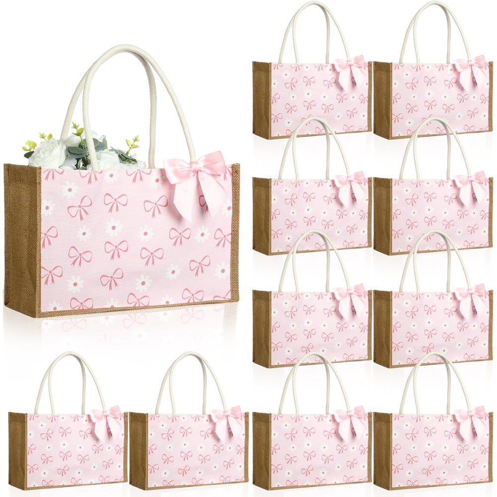 12 Pcs Burlap Tote Bag with Handle Coquette Bowknot Daisy Flower Reusable Bag…