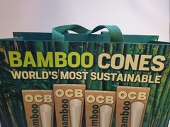 Cardboard Tote Shopping Bag Bamboo Cones 6x13x16″ Green Canvas 6.5″ Strap Drop