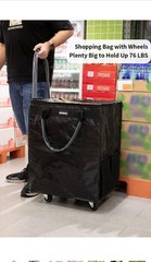 (Medium, Black) Reusable Grocery Bag on Wheels, 70L Foldable Rolling Tote, 66Lbs