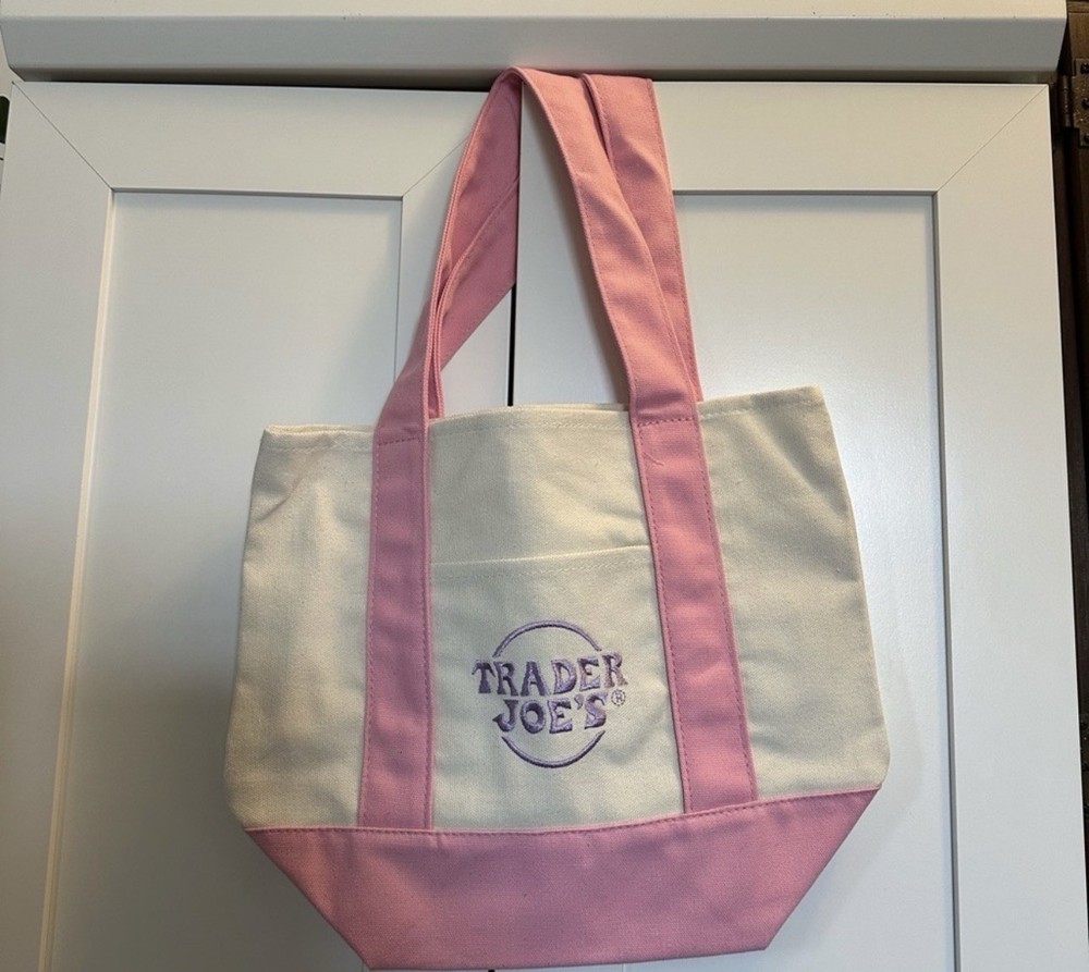 Trader Joe’s Mini Pastel Canvas Tote Bag Small Pink Beige Color Block Foldable