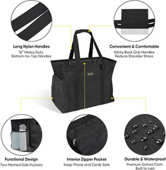 Extra Large Utility Tote Bag with Wire Frame for Storage- Black,16.5”X14”X10”