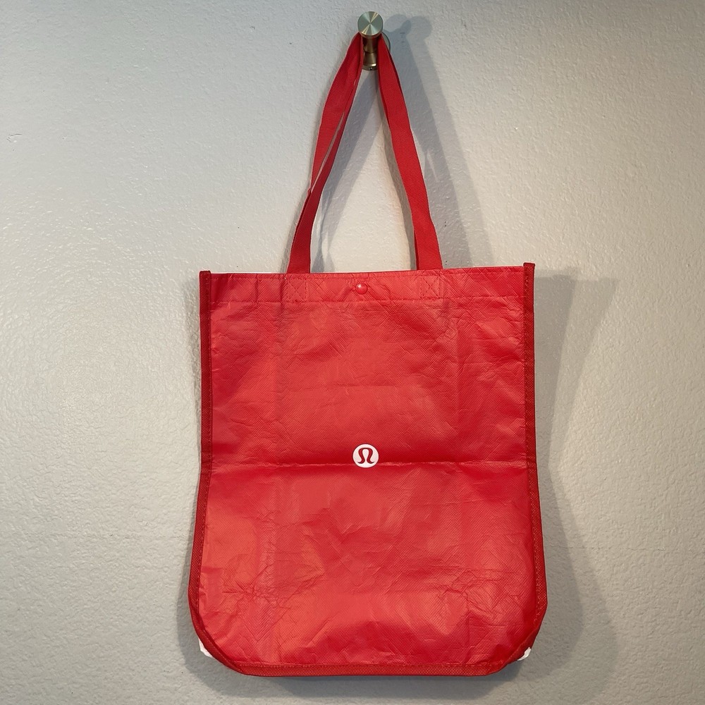 Lululemon Reusable Shopping Tote Bag Red White Snap Closure 14”x16”x6”