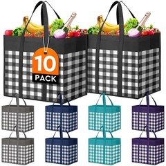 10-Pack Large Reusable Grocery Shopping Bags Foldable Tote Bags Bulk Plaid