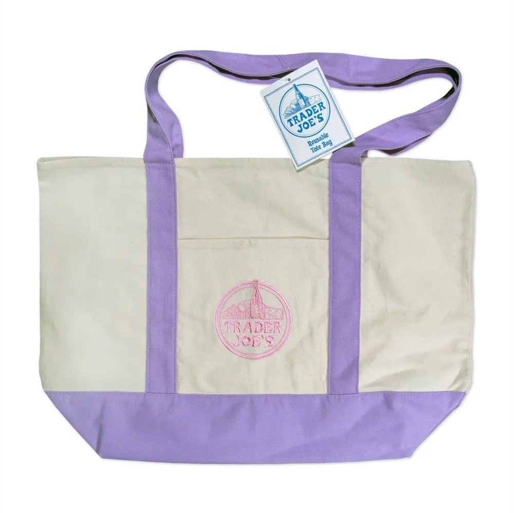 Trader Joe’s Reusable Canvas Shopping Bag Foldable Beige Purple