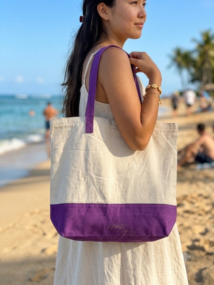 White/Purple Colorblock Canvas Reusable Tote Shopping Bag Medium 20x16x10