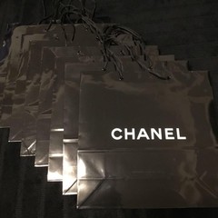 Set of 8-Authentic CHANEL Glossy black paper Shopping tote Bags 13 x 13 x 4.9 in