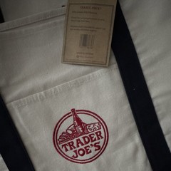 LARGE Trader Joe’s Foldable Reusable Tote Bag -Beige Navy Blue Cotton