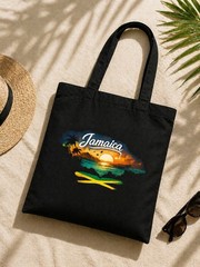 Eco-Friendly Canvas Tote Bag Black Multicolor All-Over Pattern Foldable 15x13in