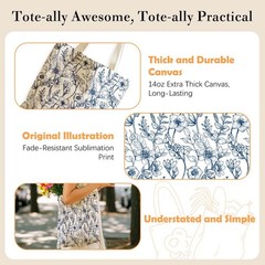 Blue French Floral Canvas Tote Bag – Aesthetic Vintage Print Shoulder Purse f…