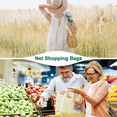 2-Pack Reusable Mesh Net String Grocery Bags [Blue-Green,Long&Short Handle]