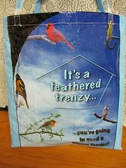 UPCYCLE It’s a Feathered Frenzy -Bird Seed Blue Recycled Feed Bag Grocery Tote