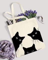 AUSVKAI Canvas Tote Bag Aesthetic for Women, Cute Cat Reusable Cotton Cloth C…