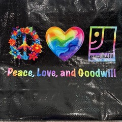 “Peace Love And Goodwill” Large Reusable Shopping Tote Bag Rainbow Colors Black