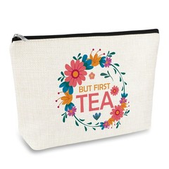 Tea Lovers Gifts for Women Makeup Bag Drinkers Gift 10 x 7 inches, beige