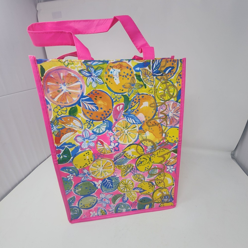 Lilly Pulitzer Reusable Shopping Tote Citrus Pattern Gold Logo Pink Lemon