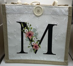 Foldable Floral Monogram M Tote Bag Canvas Jute White Beige Reusable Shopping