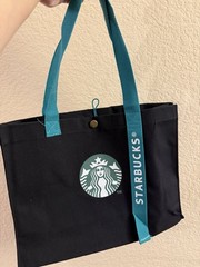 Starbucks Reusable Foldable Canvas Shopping Bag Black Teal Handles Logo