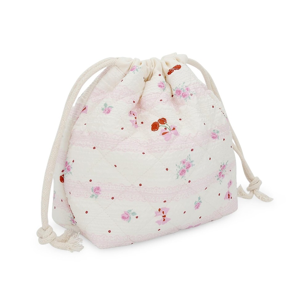 JINSI Small Quilted Drawstring Makeup 8 × 6.5 × 4.1 inches, Sweet Cherries