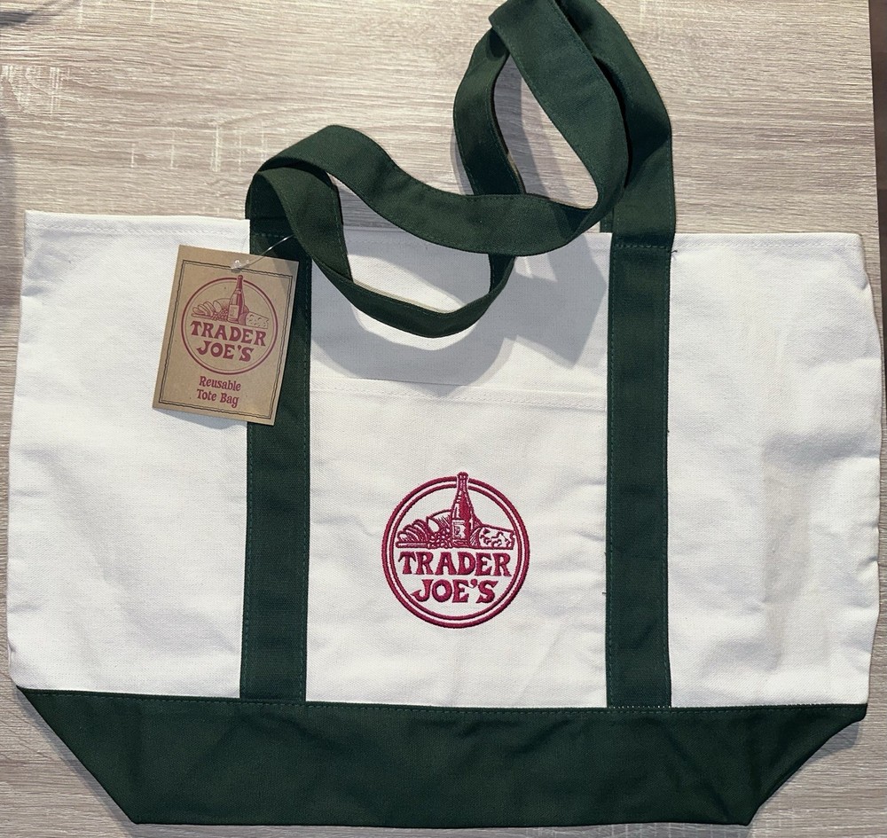 Trader Joe’s Lg Canvas Tote DoubleSide Logo Green Strap USA‑Only Store Intl Ship