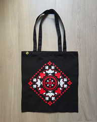 Black Cotton Durable Large Tote Bag with Red and White Playing Cards Print
