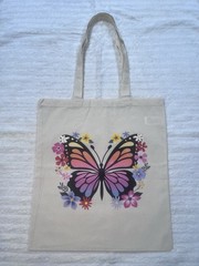 Reusable Canvas Tote Bag Beige Multicolor Butterfly Floral Print 16×15 in