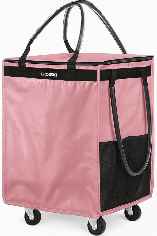 (Medium,Pink) Reusable Grocery Bag on Wheels, 70L Foldable Rolling Tote,Extra St