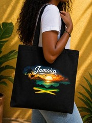 Eco-Friendly Canvas Tote Bag Black Multicolor All-Over Pattern Foldable 15x13in