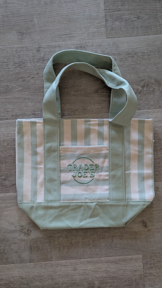 Brand New Trader Joe’s Mini Tote Bag In Pinstripe light Green!!! Out Today!!