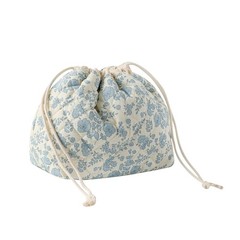 Cotton Quilted Drawstring Makeup Bag with Canvas 02Light Blue Flower