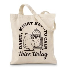 Aesthetic Cute Canvas Bag for Women, Funny Bear Print Tote, Two Sided Printin…