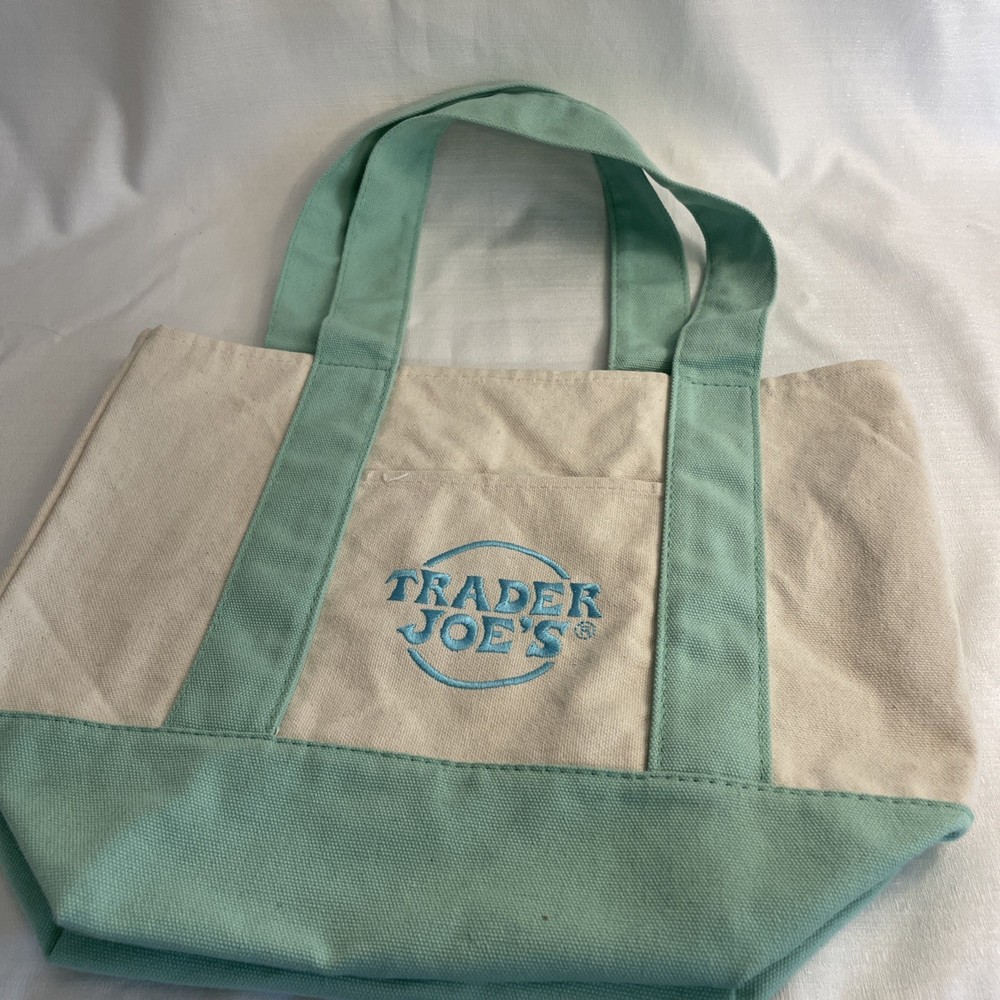 Trader Joe’s Mini Canvas Tote bag pastel green with blue embroidered logo