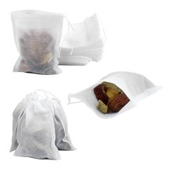 100 Pack Drawstring Bags, Disposable Small Mesh Bags 2.4 x 3.1 Inches, White