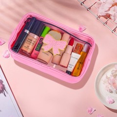 Yoolhamy Pink Clear Bow Cosmetic Bag for Women Girls Cute Travel