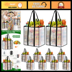 10 Pack Heavy-Duty Reusable Grocery Bags, Water-Resistant, Foldable, Multi-Purpo