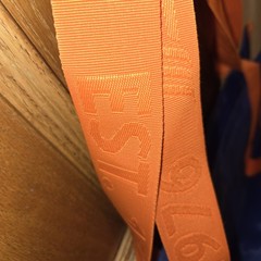 ALDI 50th Anniversary Mesh Tote Bag Blue With Orange Straps Quarter Keychain NEW