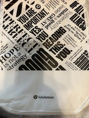 lululemon Reusable Shopping Tote Bag Red/White/Black All-Over Text Print