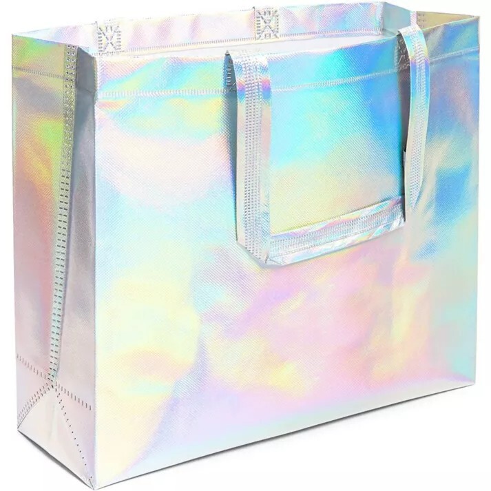 Reusable Grocery Tote Bag with Handles, Holographic 14 x 12 x 5 In
