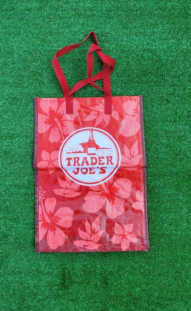 Trader Joe’s Red Hibiscus Reusable Plastic Shopping Tote Bag (16″x12″x7″)