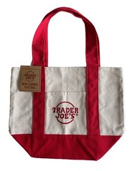 Trader Joe’s Mini Foldable Canvas Tote Bag Red Beige Colorblock