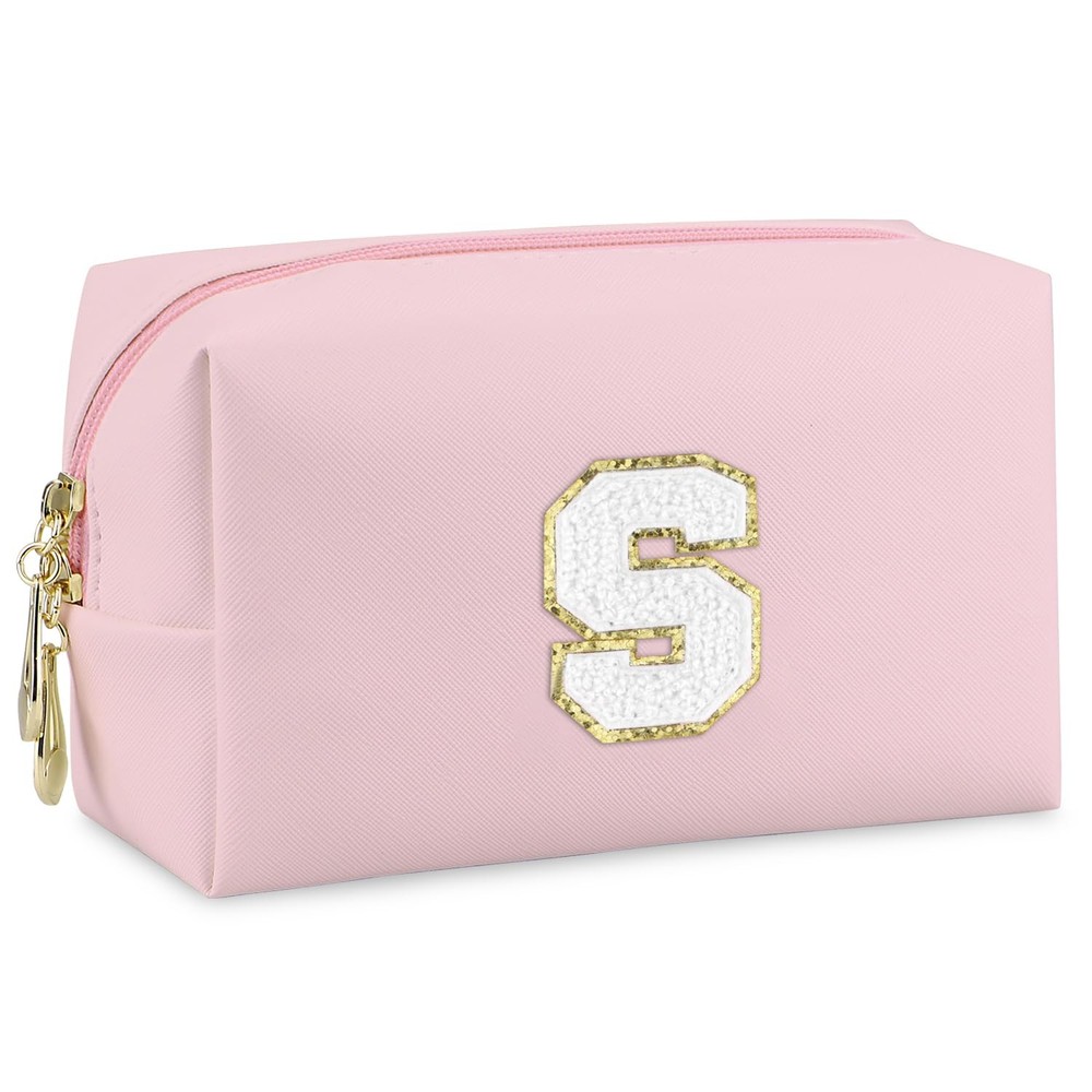 Gosuoa Initial Makeup Bag,Personalized preppy bag Waterproof PU Leather Pink