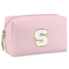 Gosuoa Initial Makeup Bag,Personalized preppy bag Waterproof PU Leather Pink