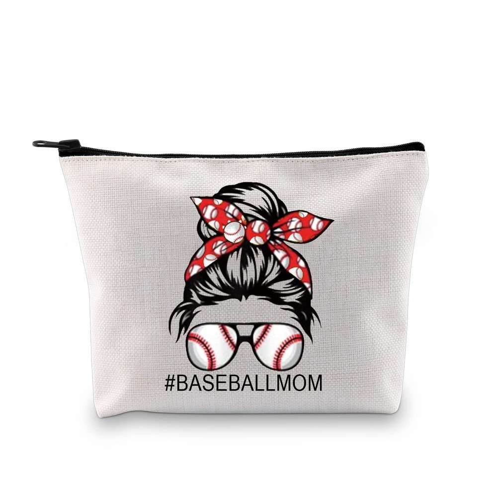 PXTIDY Baseball Mom Makeup Bag Baseballs Players Mother Zipper Middle, beige