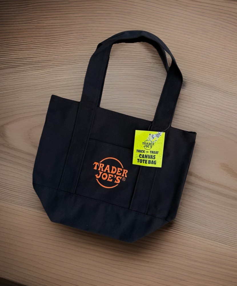 NEW Trader Joe’s Halloween Canvas Mini Tote Bag – Black w/ Orange Letters
